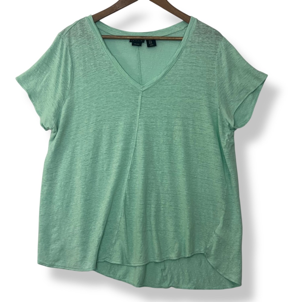 Tahari‎ V-Neck Top 1X Green 100% Linen High Low Short Sleeve Lagenlook Artsy